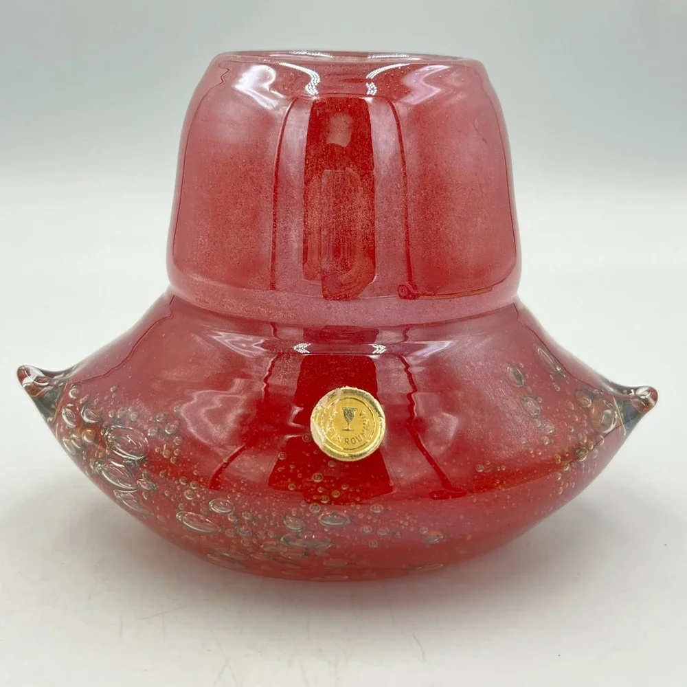 Vintage Pier 1 Hand Blown Art Glass Vase Red Controlled Bubble Romania 5.25